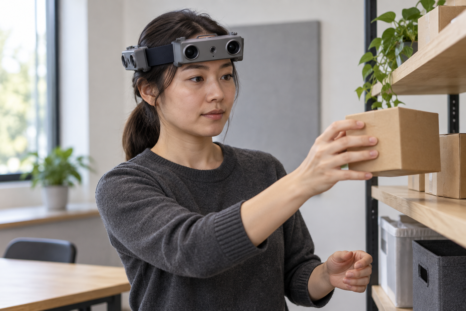 Participant wearing an EGO R10 multi-camera headband collecting an indoor shelf-to-table object-transfer demonstration