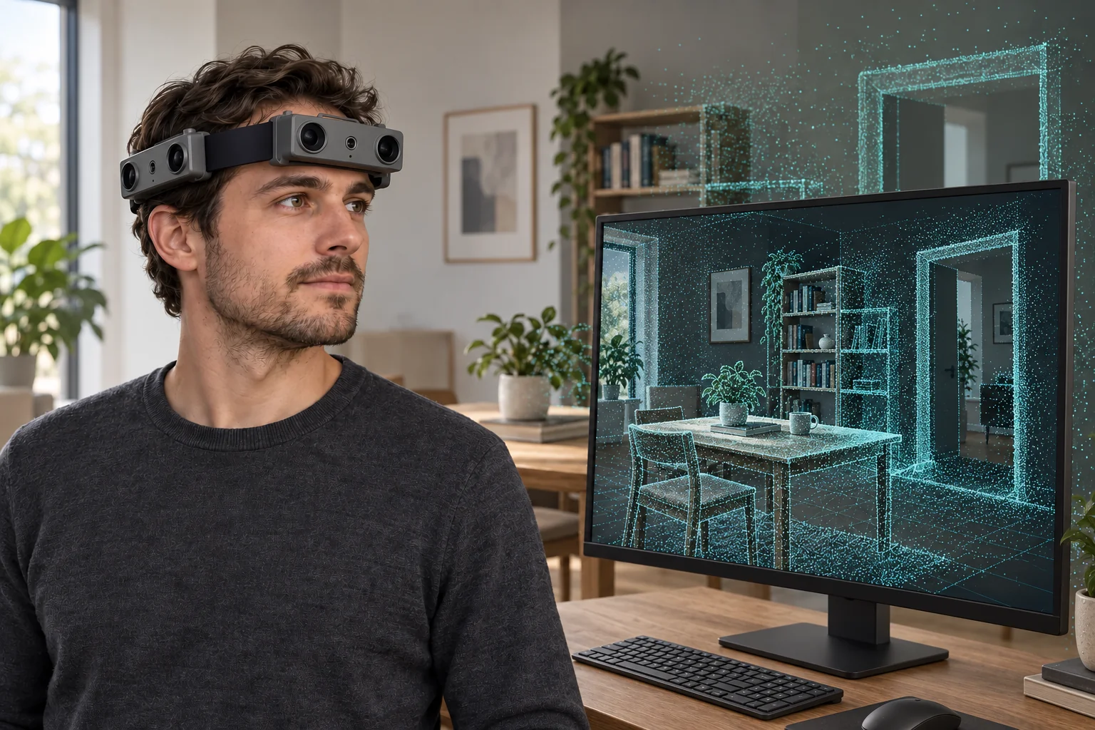 Concept illustration of a researcher wearing an R10 headband beside a monitor displaying a conceptual 3D point-cloud model of the observed room