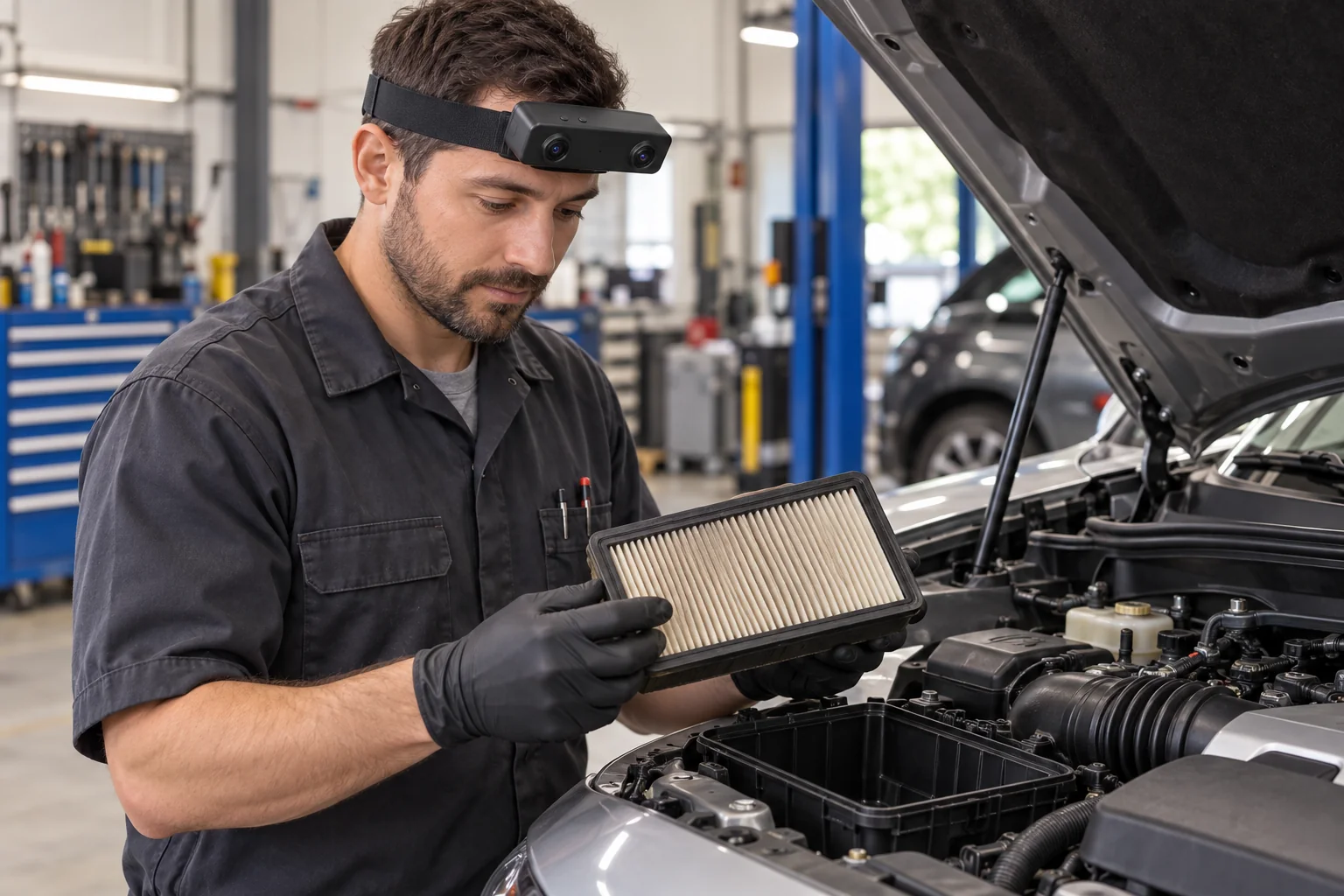 Concept illustration of a technician wearing EGO R8 while inspecting an engine air filter in an automotive service bay