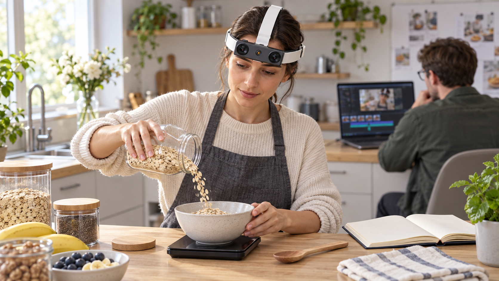 Participant wearing EGO R9 while pouring oats into a bowl on a kitchen scale, with a researcher reviewing recorded action segments in the background