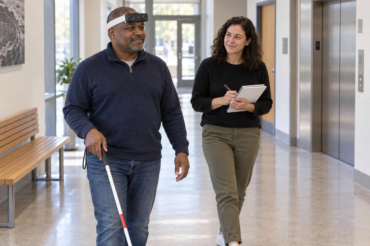 Research participant using a white mobility cane and wearing an EGO R9 camera during an indoor corridor data collection session with a coordinator