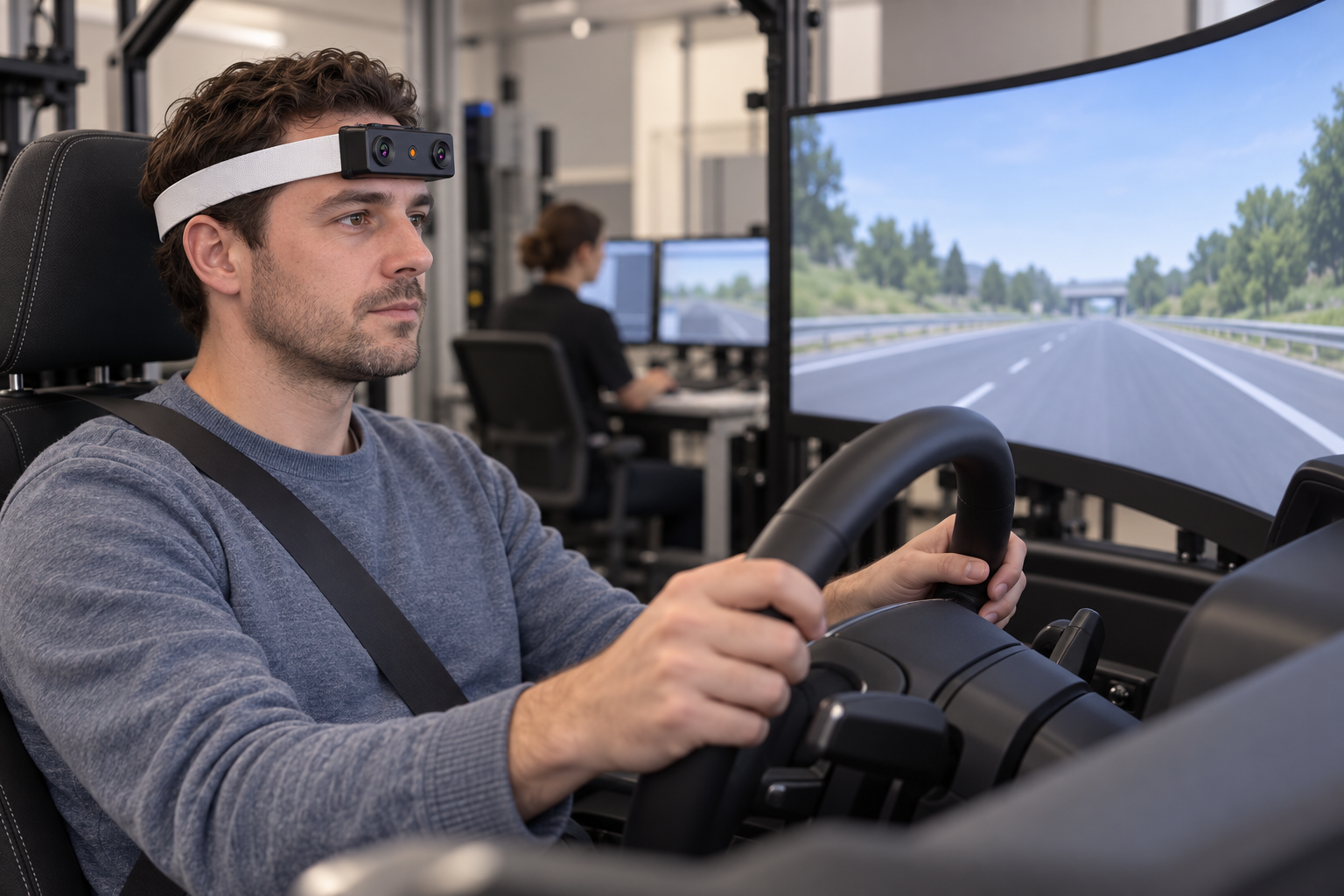 Participant wearing an EGO R9 with a white head strap at the steering wheel of an indoor driving simulator, with a simulated road on the display