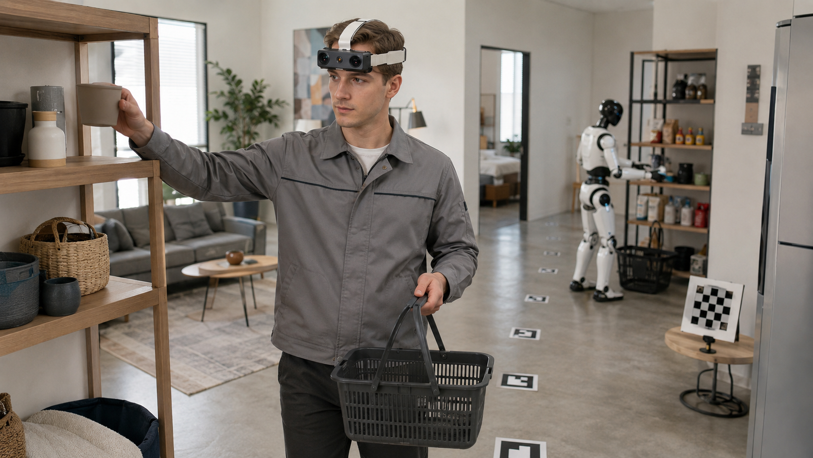Field operator wearing EGO R9 while carrying a basket and placing an item on a shelf along a marked route with a humanoid robot in the background