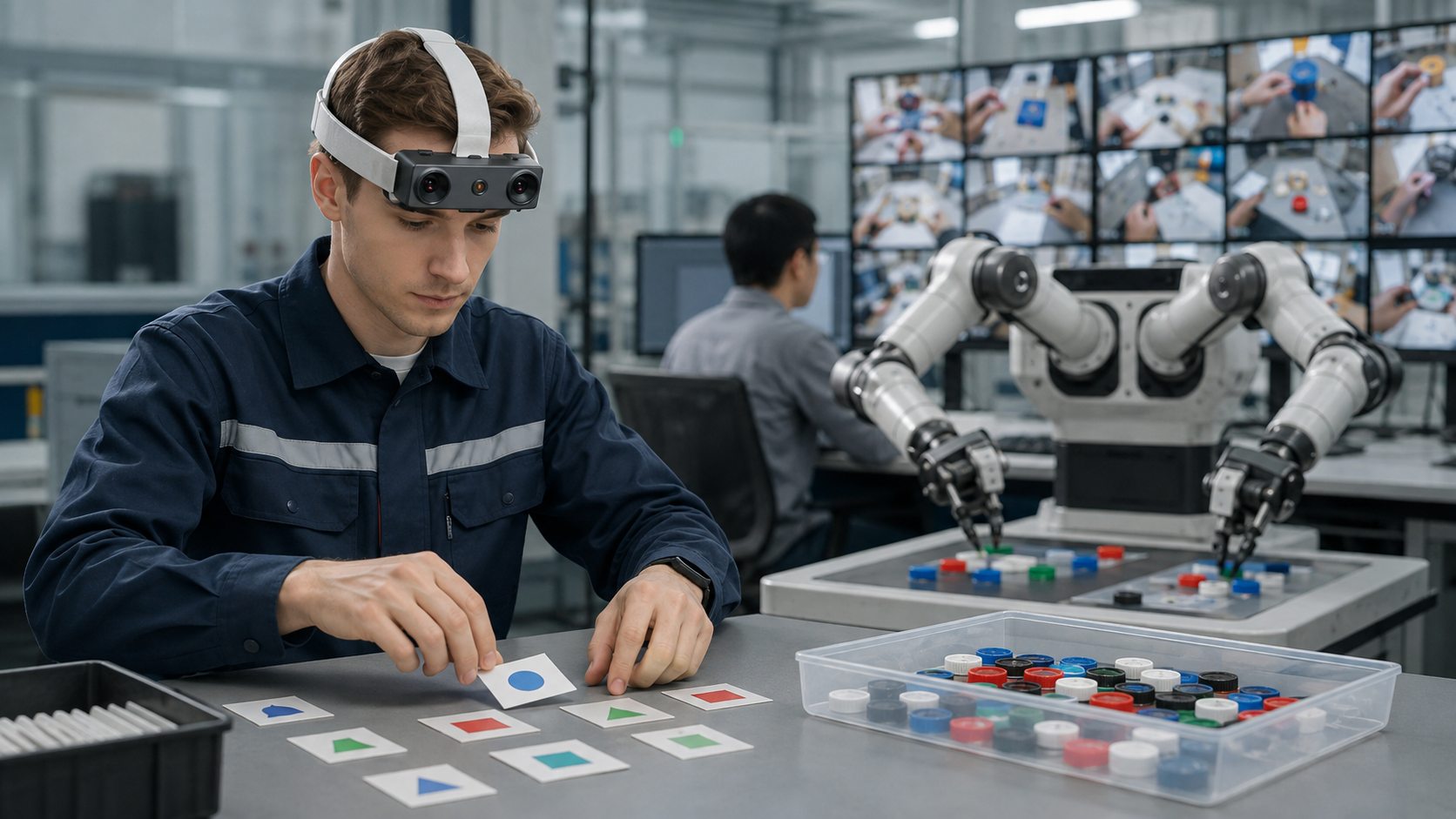Operator wearing EGO R9 while recording two-handed sorting and bottle-cap demonstrations beside a dexterous robot and a multi-session review display