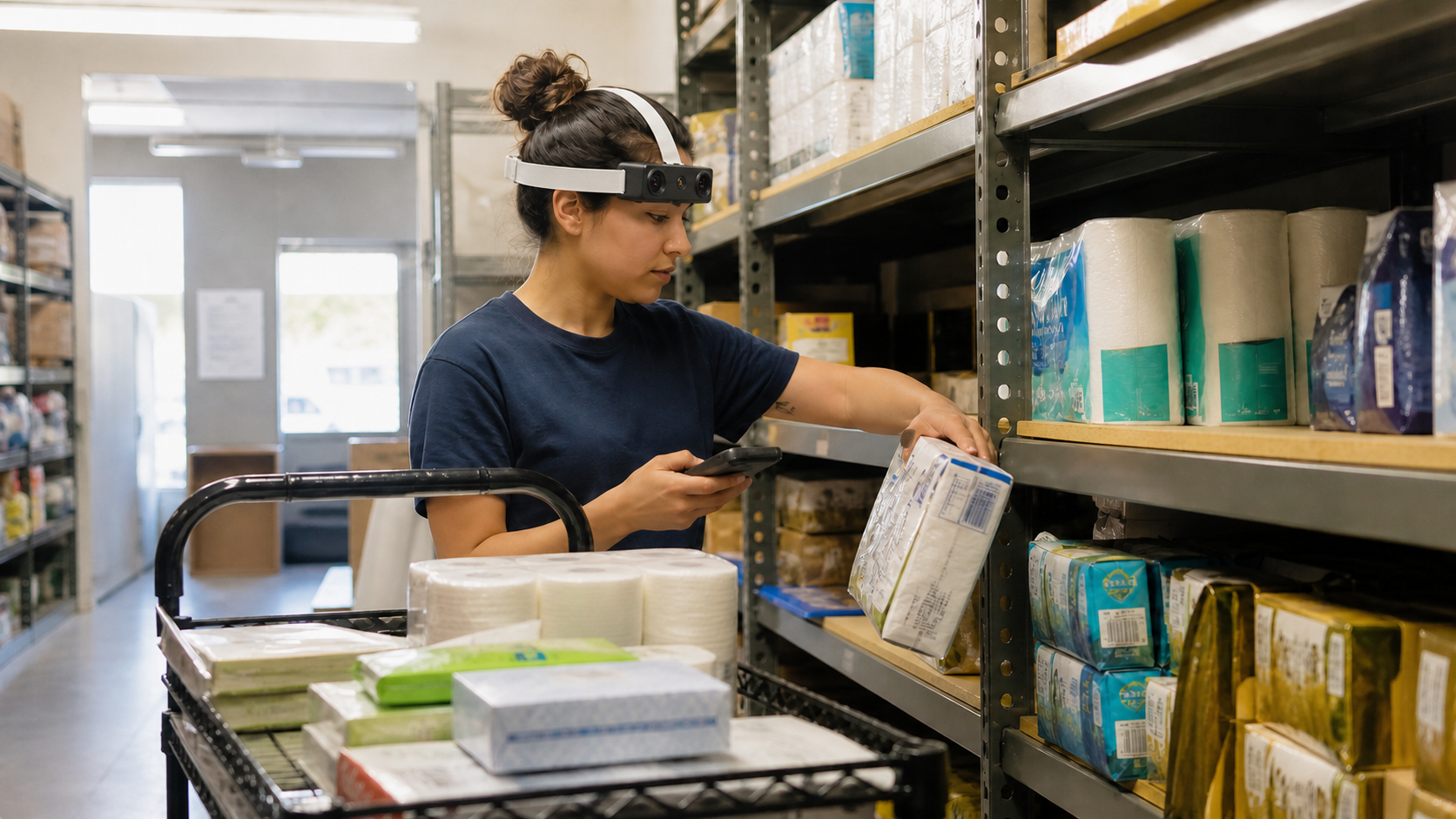 Retail associate wearing an authentic EGO R9 headset while scanning and restocking everyday products