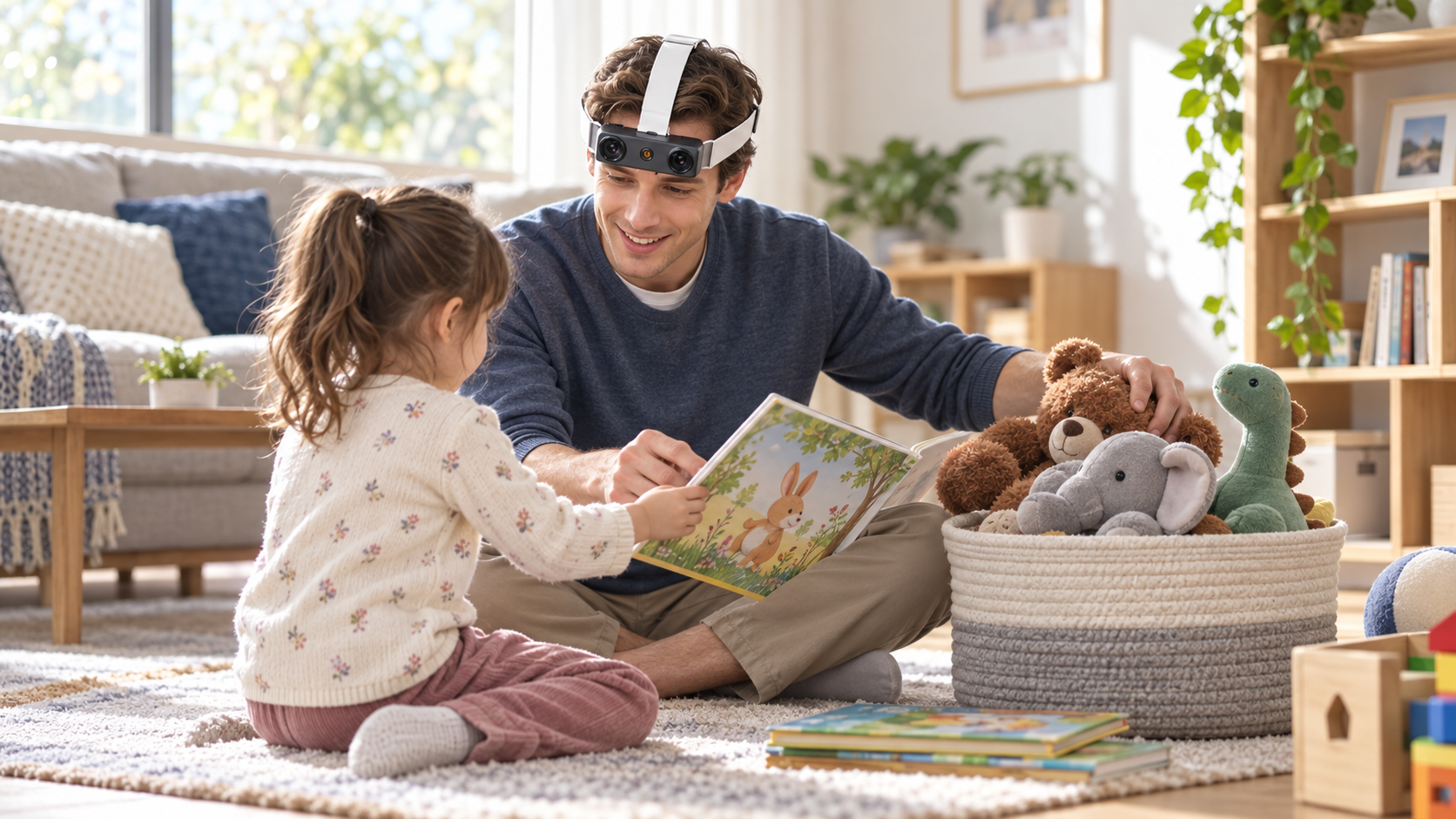 Adult caregiver wearing EGO R9 while sharing a picture book and tidying large soft toys with a fully clothed preschool child in a home living room