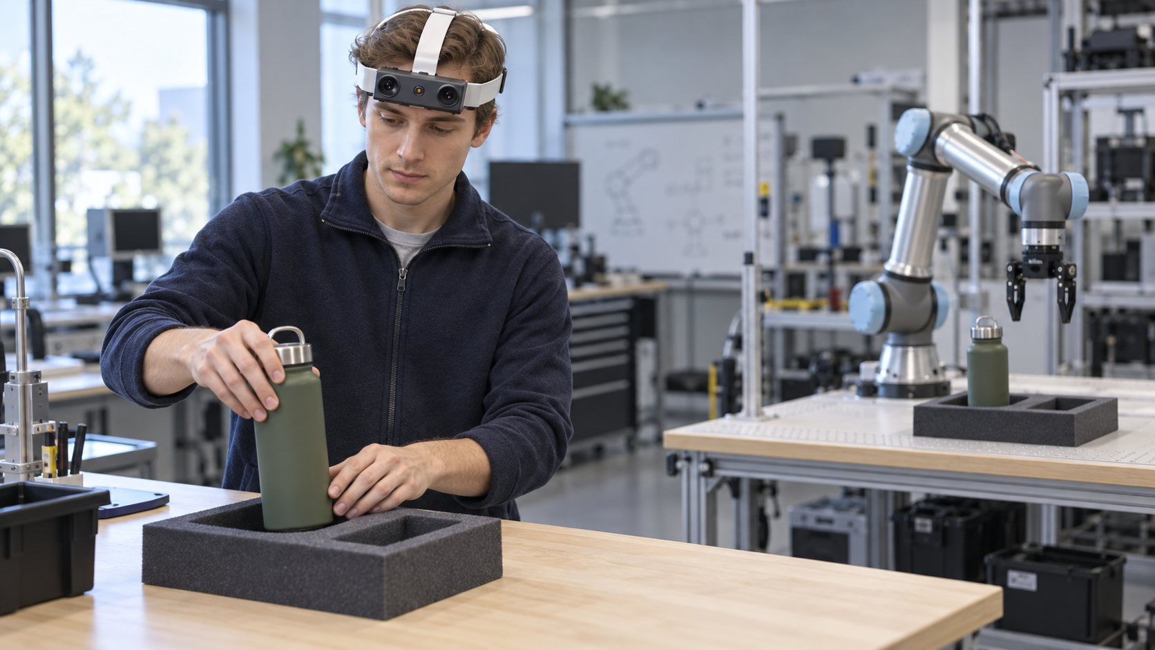 Researcher wearing EGO R9 while placing a bottle into a fitted tray, with a separate robot evaluation bench beside the human demonstration station