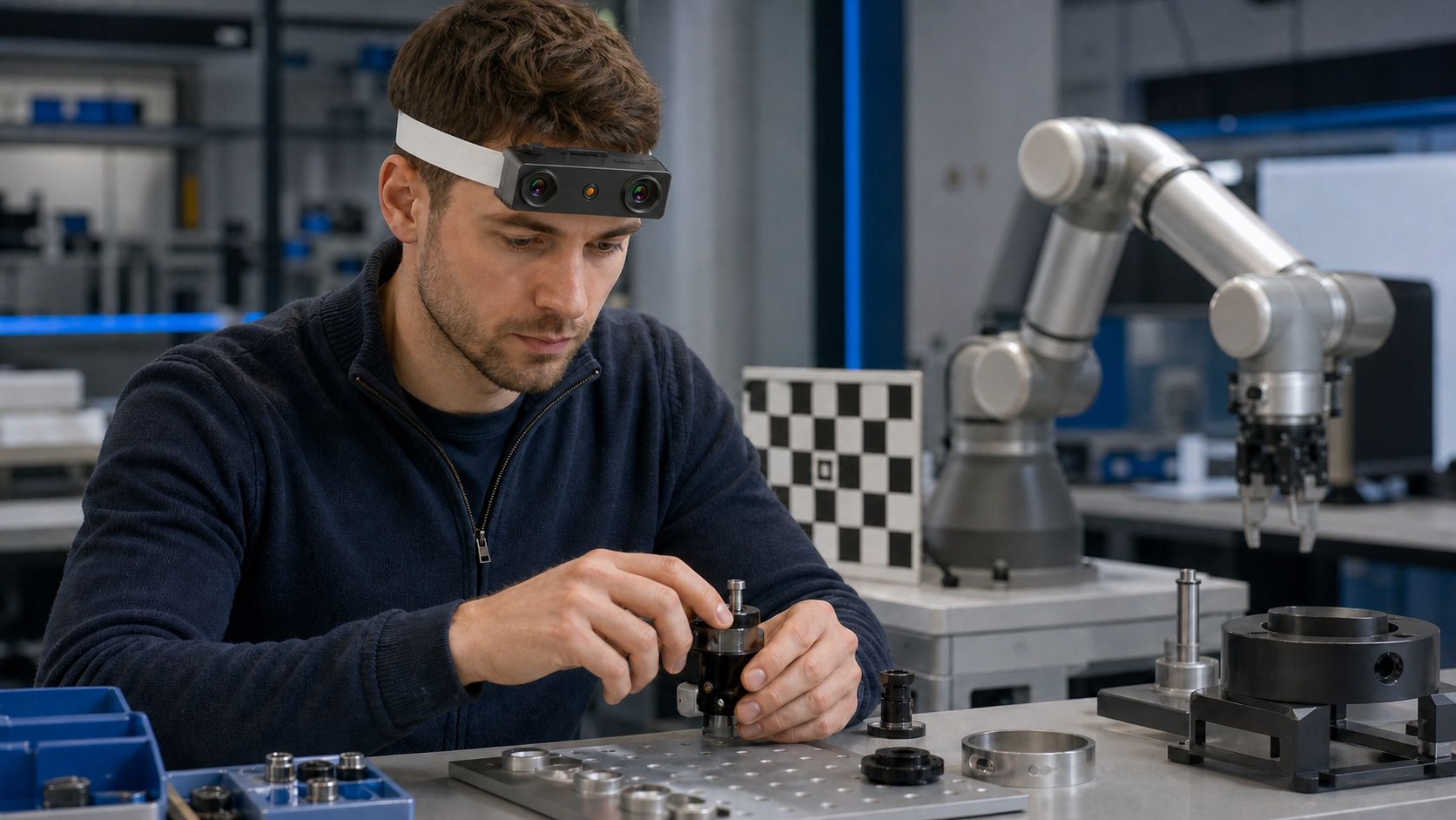 Robotics researcher wearing an accurately rendered EGO R9 headset while recording a precise manipulation demonstration beside a robot arm