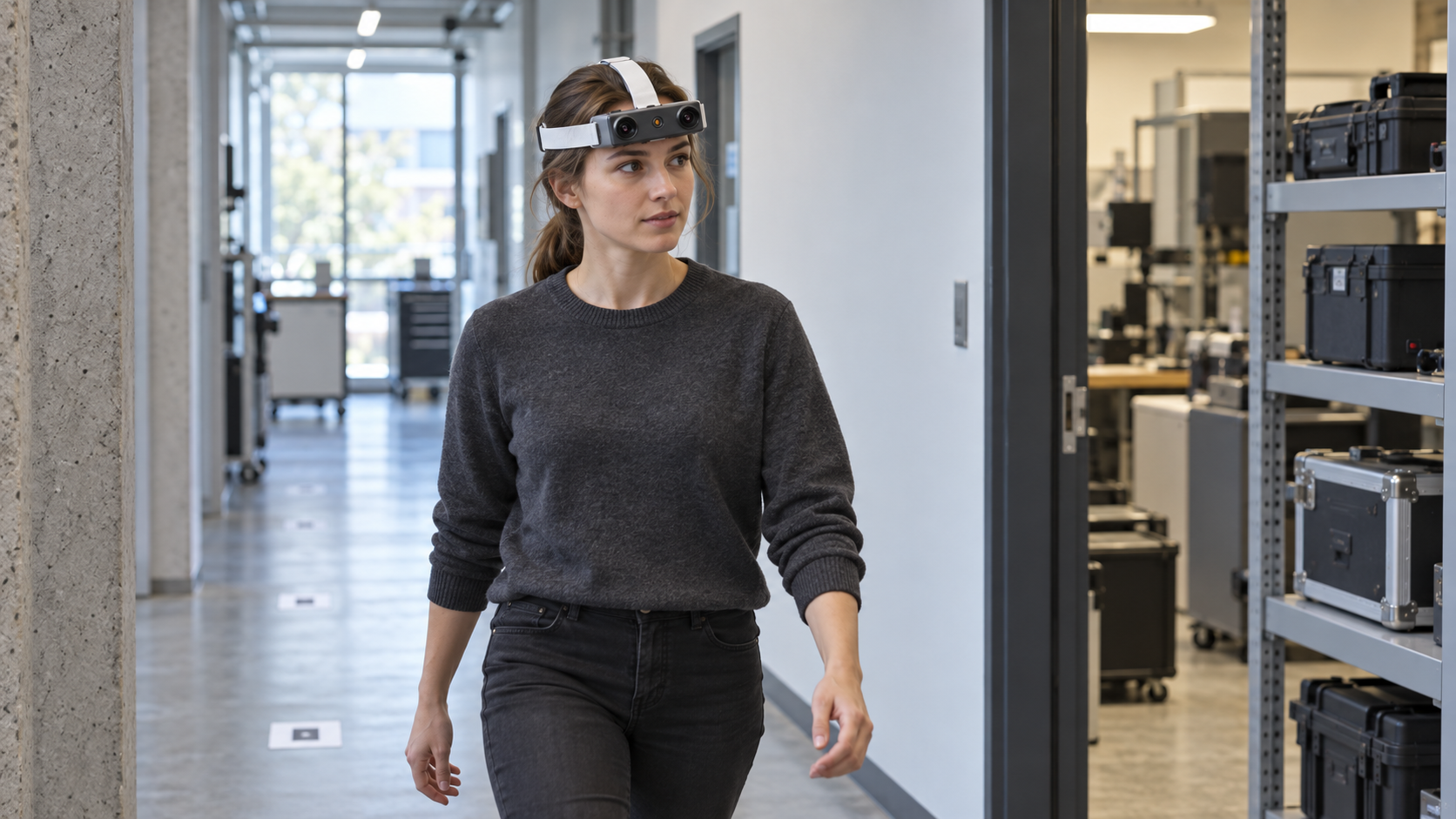 Researcher wearing the EGO R9 forehead camera while walking an indoor test route past equipment shelves and a doorway
