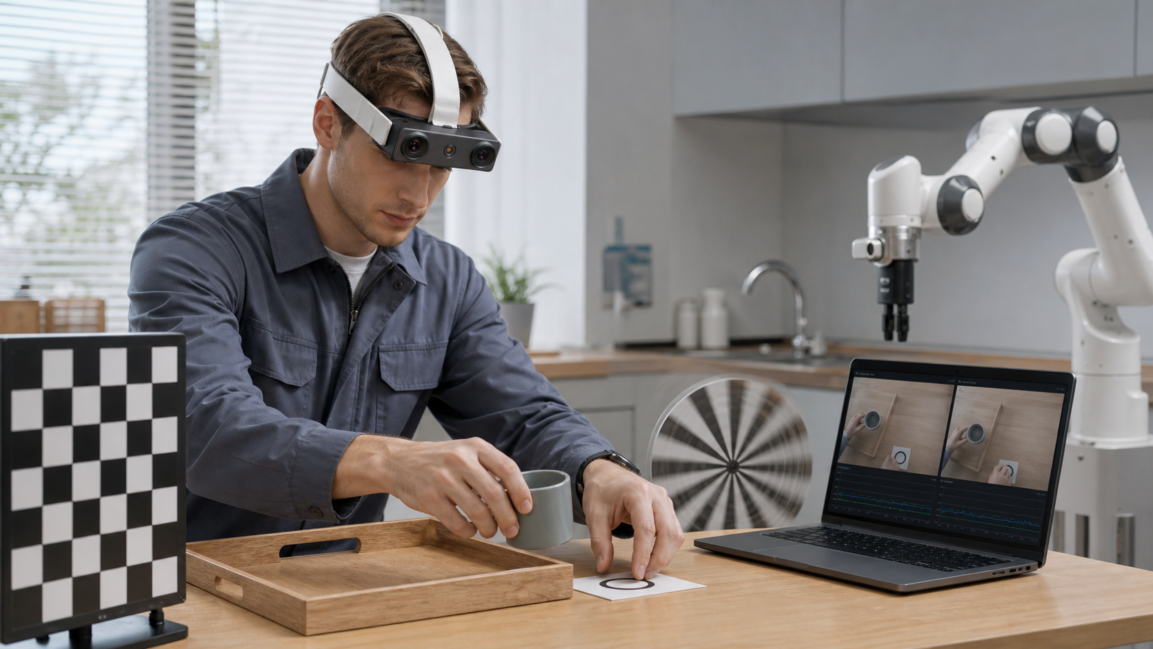 Researcher wearing EGO R9 while moving a cup through a robot-learning demonstration beside an IMU trace, calibration target, and motion test wheel