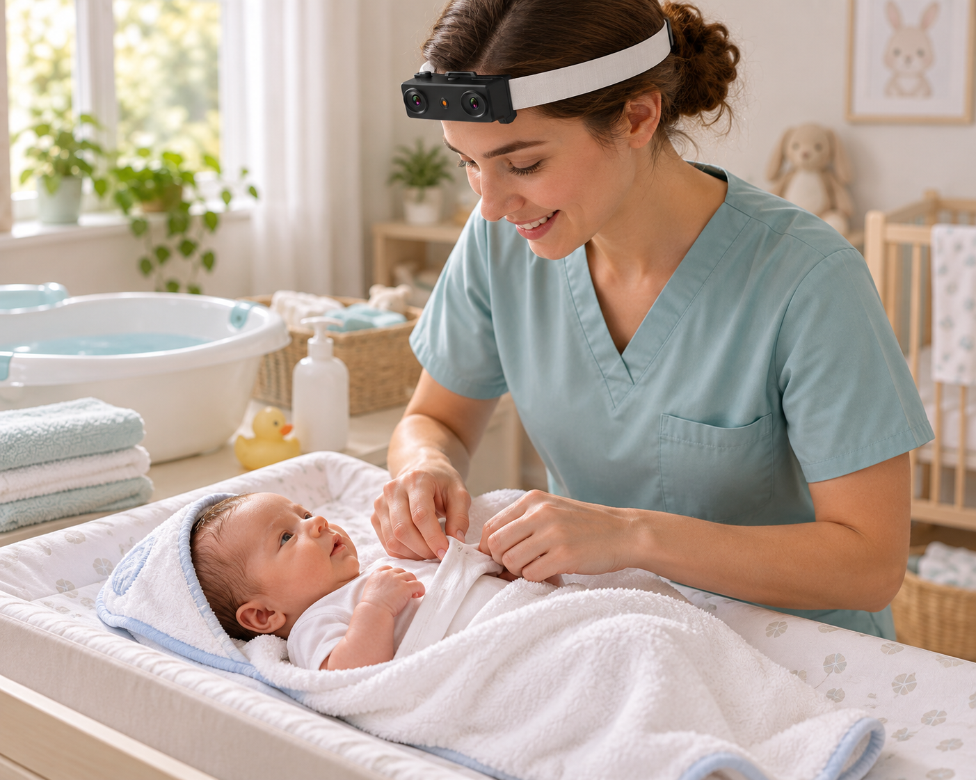 Professional caregiver wearing EGO R9 gently dressing a towel-wrapped newborn after bathing, with a baby bath and towels nearby