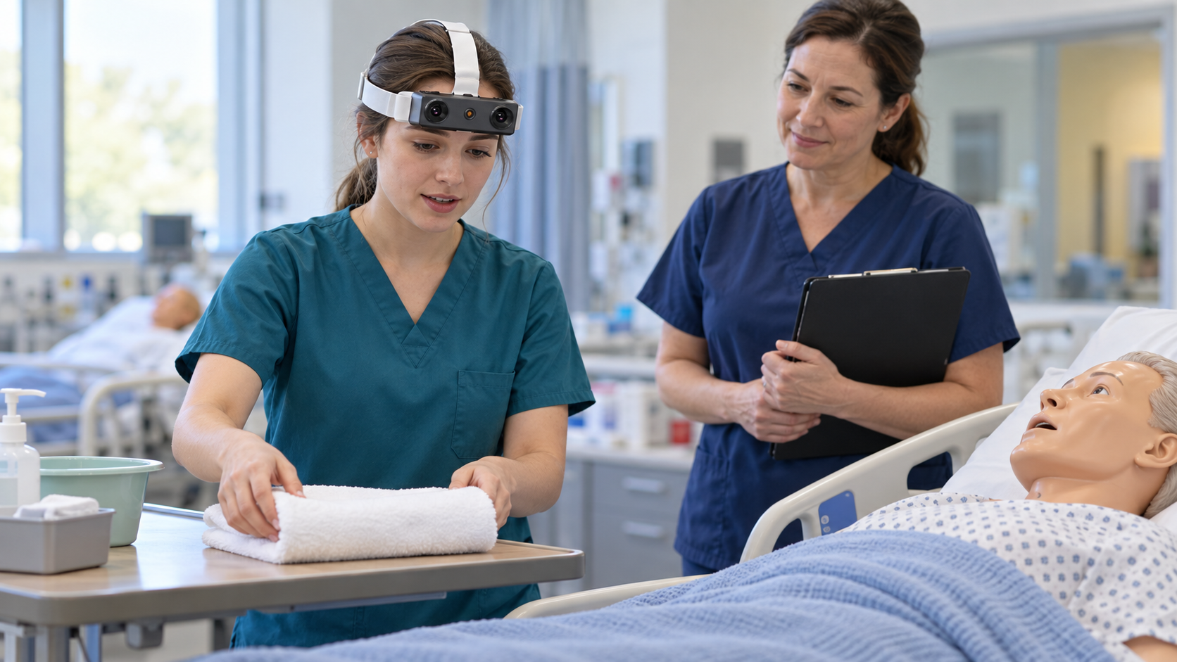 Nurse trainee wearing EGO R9 while rehearsing bedside communication and towel placement beside a covered training mannequin, with an educator observing