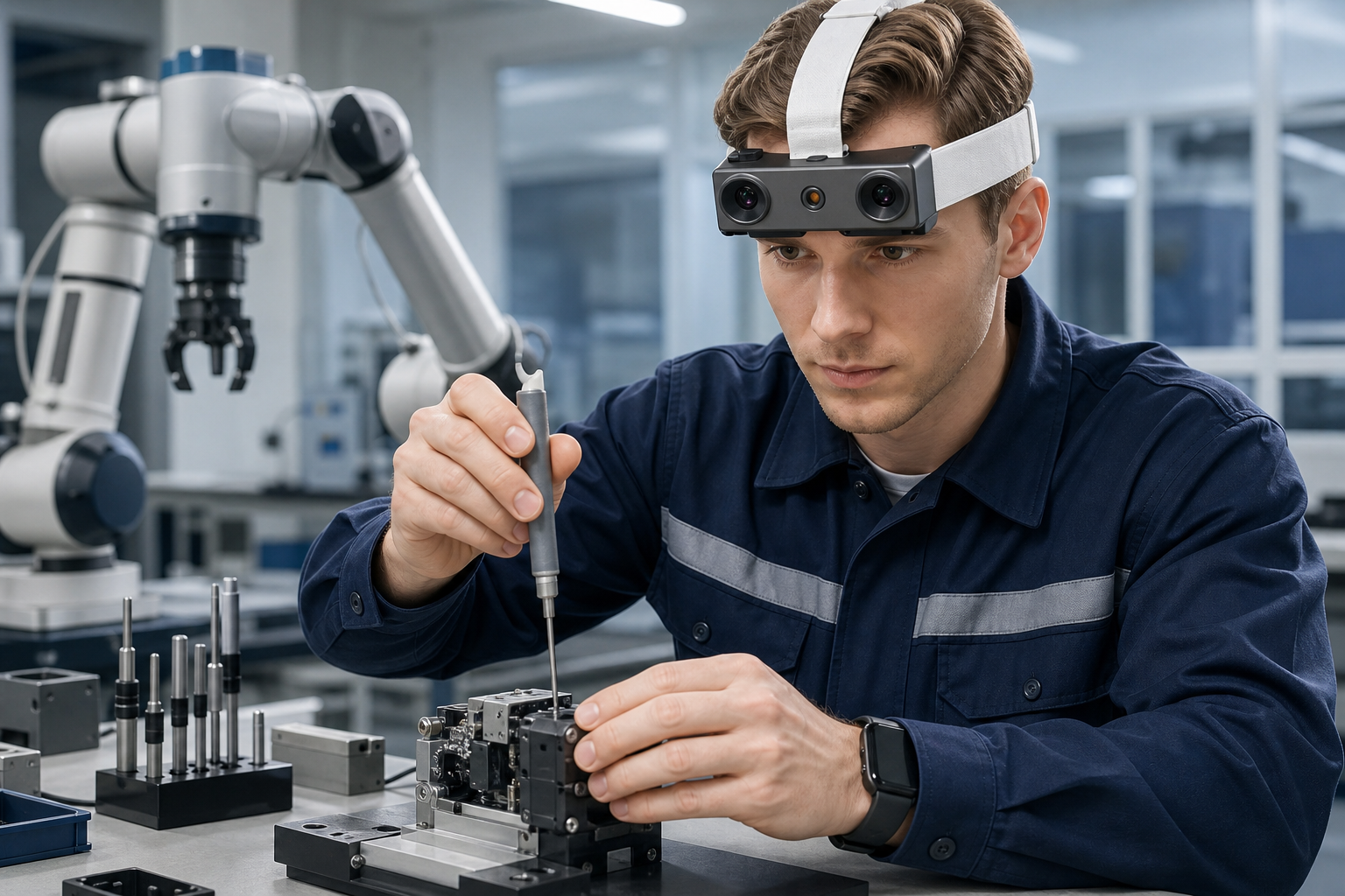 Technician wearing an authentic EGO R9 centered at the forehead while recording a precision fastening demonstration